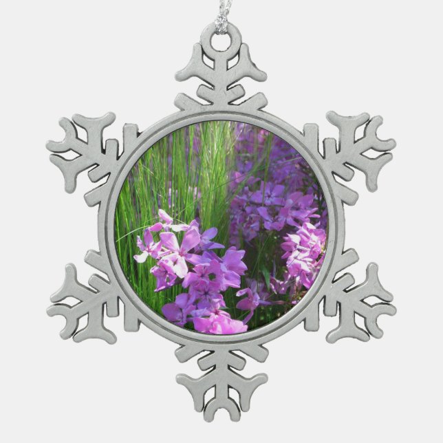 Pink Phlox and Grass Summer Floral Snowflake Pewter Christmas Ornament (Front)