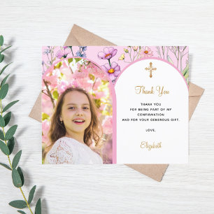 Pink photo arch floral Confirmation Thank You card