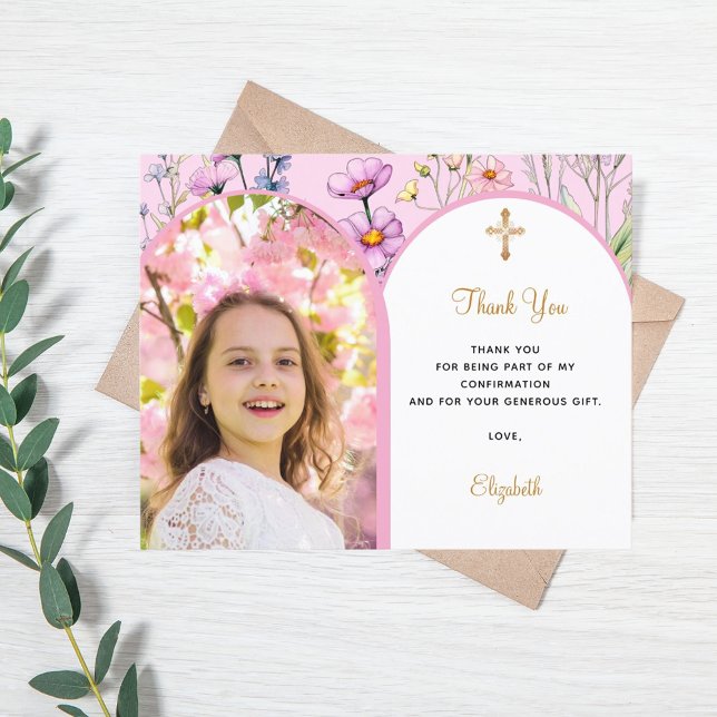 Pink photo arch floral Confirmation Thank You card (Creator Uploaded)
