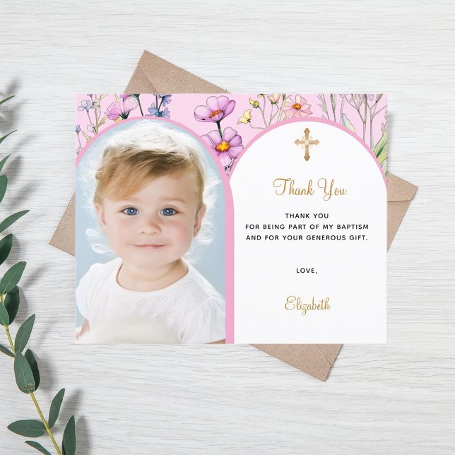 Pink photo arch floral girl Baptism Thank You card (Creator Uploaded)