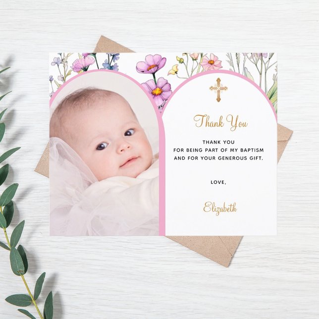 Pink photo arch floral girl Baptism Thank You card (Creator Uploaded)