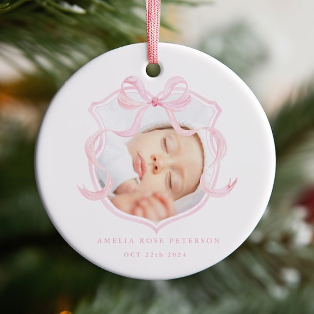 Pink Photo Baby Girl Announcement Ceramic Tree Decoration (Creator Uploaded)