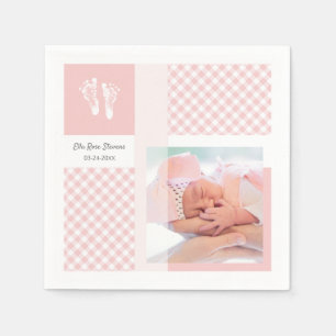 Pink Photo Birth Announcement Gingham Footprints Napkin
