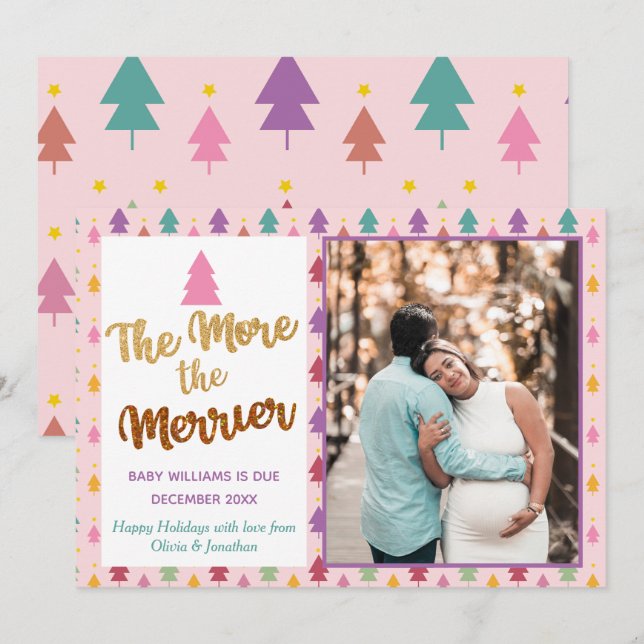 Pink Photo Christmas Rainbow Holiday Pregnancy Announcement (Front/Back)