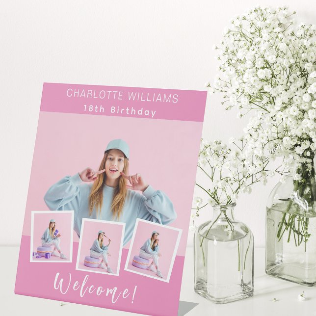 Pink photo collage birthday party welcome pedestal sign (Creator Uploaded)