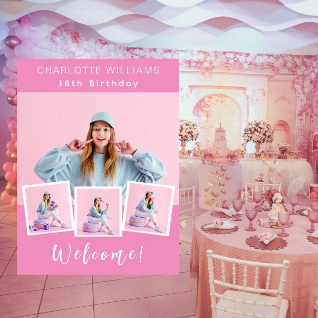 Pink photo collage birthday party welcome poster (Creator Uploaded)