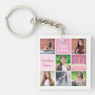 Pink Photo Collage Custom Girl's Birthday Party Key Ring