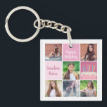 Pink Photo Collage Custom Women's Birthday Party Key Ring<br><div class="desc">Pretty custom women's birthday party keychain with a 6 photo template collage of a young woman or teenage girl with her name on the cute pink squares next to a beautiful birthday cake. Personalised girly Happy Birthday gift.</div>