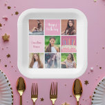 Pink Photo Collage Custom Women's Birthday Party Paper Plate<br><div class="desc">Pretty custom women's birthday party paper plates with a 6 photo template collage of a young woman or teenage girl with her name on the cute pink squares next to a beautiful birthday cake. Personalised girly Happy Birthday decor.</div>