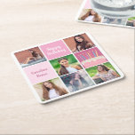 Pink Photo Collage Custom Women's Birthday Party Square Paper Coaster<br><div class="desc">Pretty custom women's birthday party paper coasters with a 6 photo template collage of a young woman or teenage girl with her name on the cute pink squares next to a beautiful birthday cake. Personalised girly Happy Birthday decor.</div>