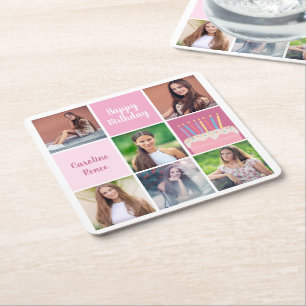 Pink Photo Collage Custom Women's Birthday Party Square Paper Coaster
