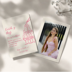 Pink Photo Drawn Champagne Tower Thirty Birthday  Invitation