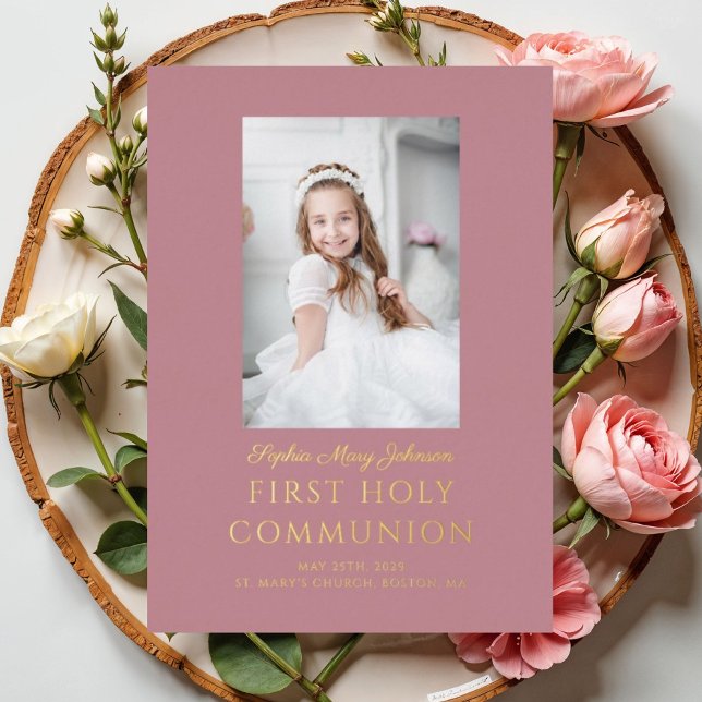Pink Photo Girl First Communion Rose Gold (Pink Photo Girl First Communion Rose Gold Foil Invitation)