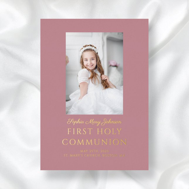 Pink Photo Girl First Communion Rose Gold (Girl Script Photo First Holy Communion Rose Gold Foil Invitation)