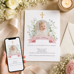 Pink photo girl white florals arch Baptism Invitation