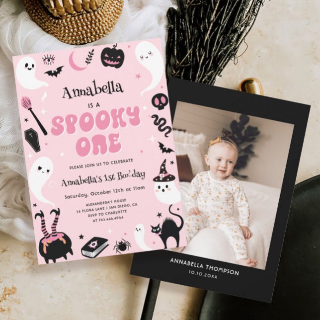 Pink Photo Halloween Spooky One 1st Birthday  Invitation (Creator Uploaded)