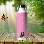Pink photo name white water bottle<br><div class="desc">A trendy pink coloured background.  Personalise and add your name and a profile photo.</div>