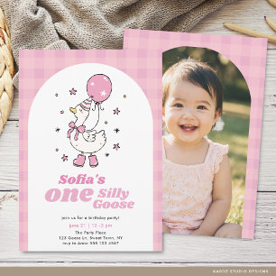 Pink Photo One Silly Goose 1st Birthday Invitation