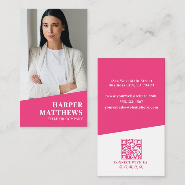 Pink Photo QR Code Vertical Business Card (Front/Back)