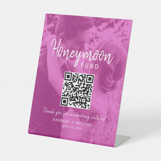 Pink Photo QR Honeymoon Fund Wedding Pedestal Sign (Front)