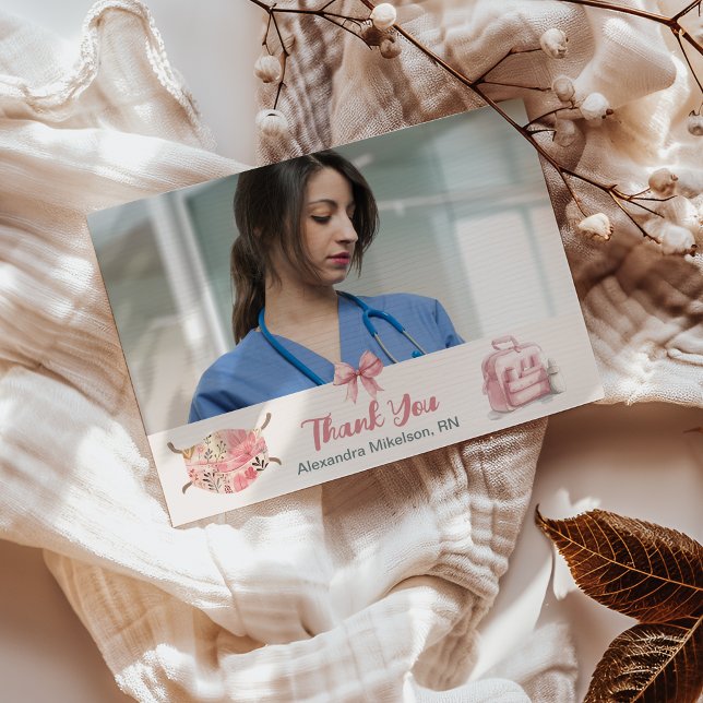 Pink Photo Watercolor  Nursing School Graduate  Thank You Card (Creator Uploaded)