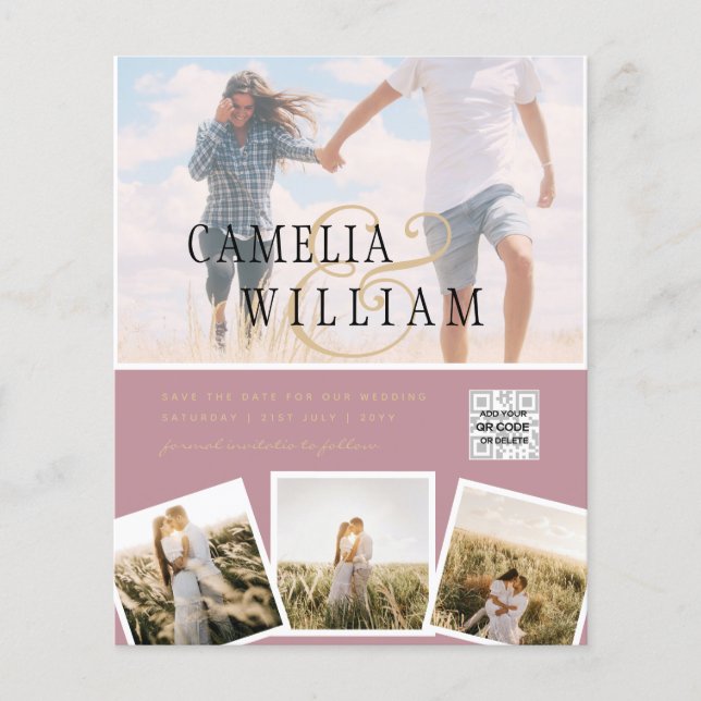 Pink Photo Wedding Invite QR Code Save Date Flyer (Front)