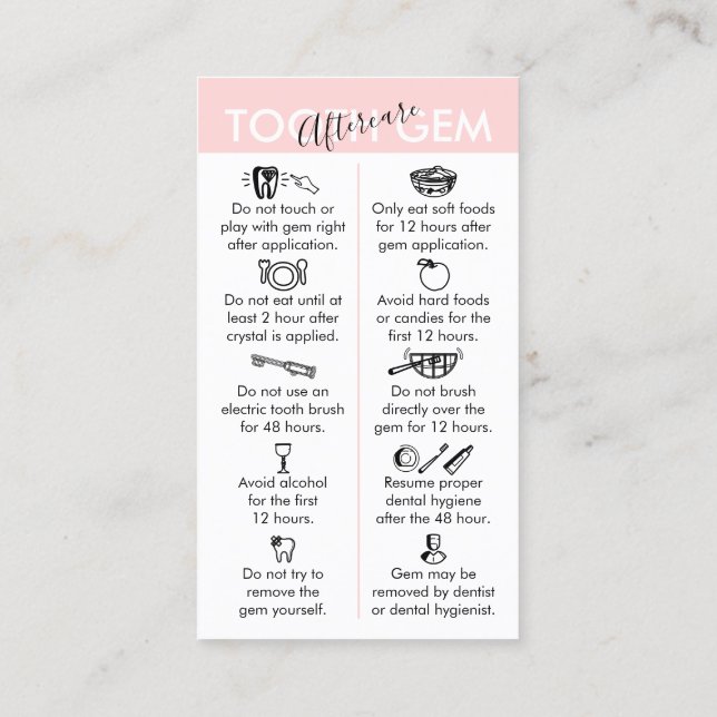 Pink Physical Printed Tooth Gem Aftercare Business Card (Back)