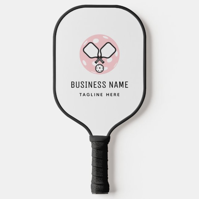 Pink Pickleball Logo Business Name & Custom Text Pickleball Paddle (Front)