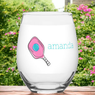 Pink Pickleball Paddle & Ball Personalised Preppy Stemless Wine Glass