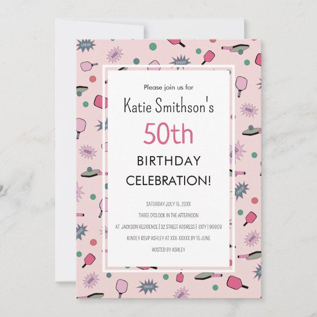 Pink Pickleball Party 50th Birthday Invitation (Front)