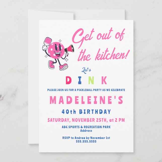 Pink Pickleball Party Cartoon Sports Birthday Invitation (Front)