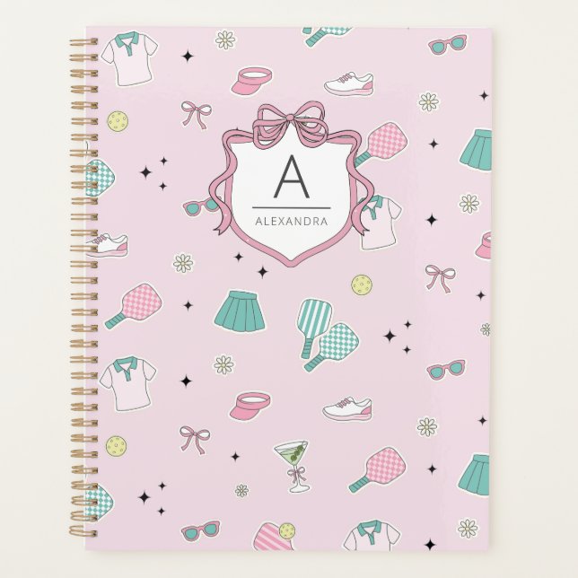 Pink Pickleball Preppy Monogram Print Planner (Front)
