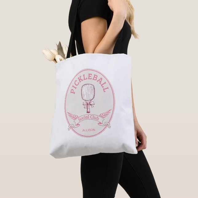 Pink Pickleball Social Club With Name Tote Bag (Close Up)