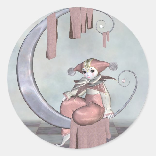Pink Pierrot Clown Doll on a Silver Moon Classic Round Sticker (Front)