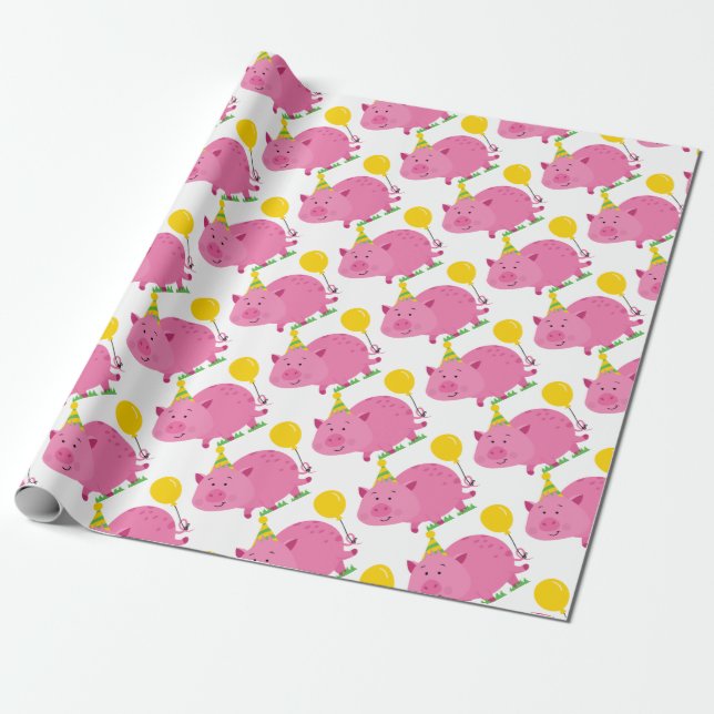 Pink Pig Birthday Wrapping Paper (Unrolled)