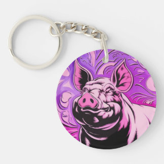 Pink Pig Design Acrylic Keychain Round Happy Hog