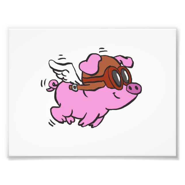Pink pig flying cartoon | choose background colour photo print (Front)