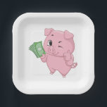 Pink Pig Holding Cash Giving Thumbs Up Paper Plate<br><div class="desc">Serve up success at your next event with these funny rich pink pig paper plates. Each plate showcases a winking cartoon character holding a wad of money and giving a thumbs up sign, making them ideal for office parties, bank events, or financial milestone celebrations. These sturdy paper plates are perfect...</div>