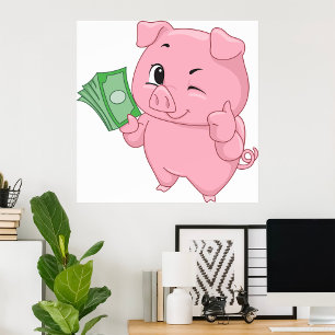 Pink Pig Holding Cash Giving Thumbs Up Poster