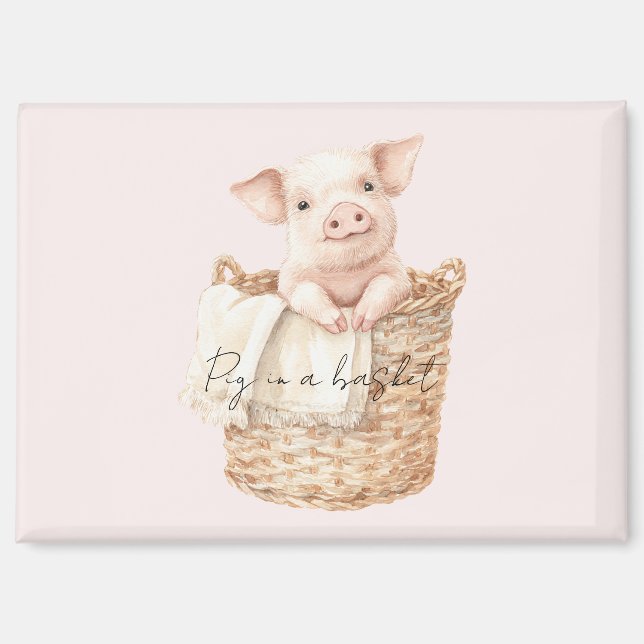 Pink Pig in a Basket Magnet (Front)