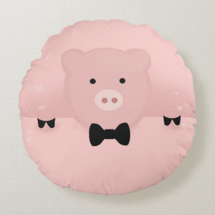 Pink Pig in a Black Bow Tie Round Cushion