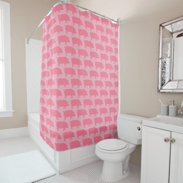 Pink Pig Silhouettes Pattern Shower Curtain (In Situ)