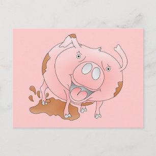 Pink pig splashing in mud postcard
