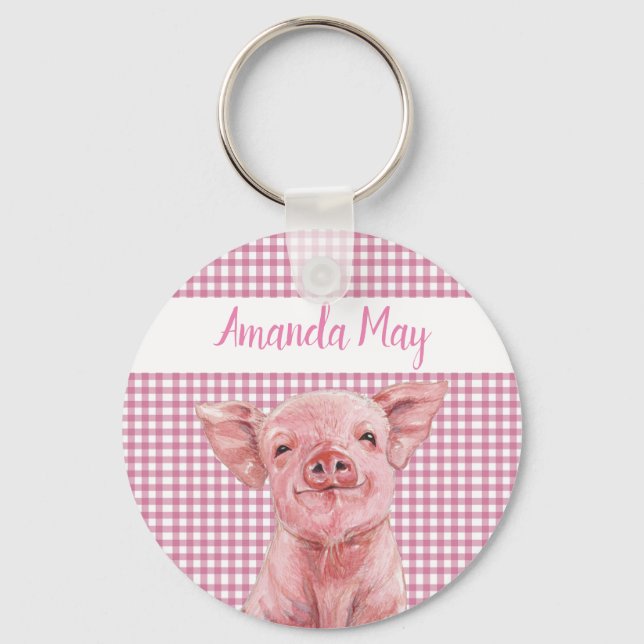 Pink Pig Watercolor Gingham Plaid Monogram   Key Ring (Front)