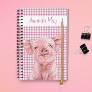Pink Pig Watercolor Gingham Plaid Monogram  Notebook