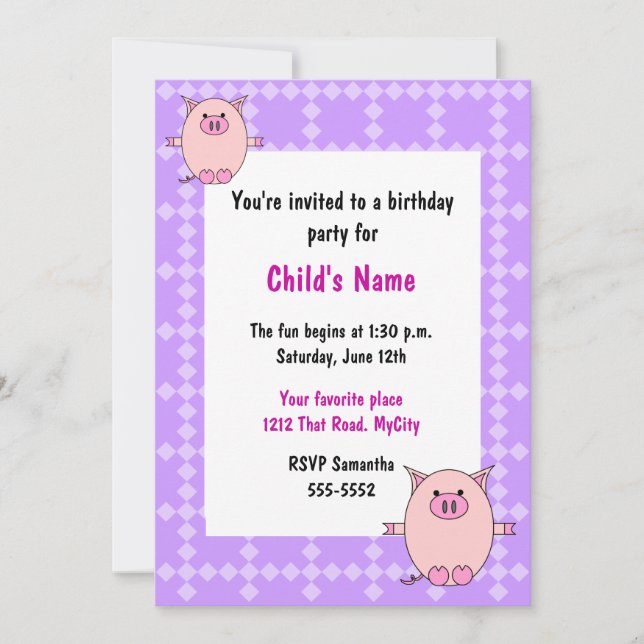 Pink Piggy Children's Birthday Invitation (Front)