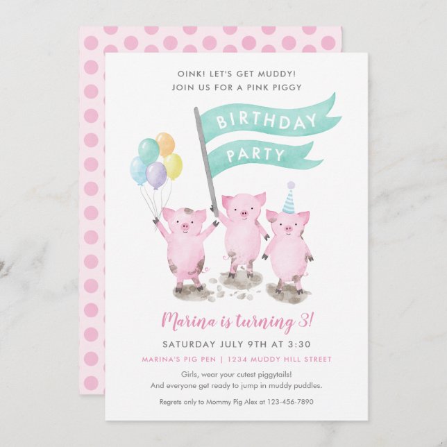 Pink Piggy Kids Birthday Party Invitation (Front/Back)