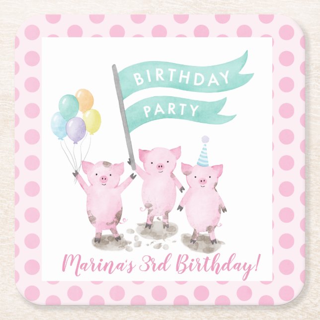 Pink Piggys Kids Birthday Party Square Paper Coaster (Front)