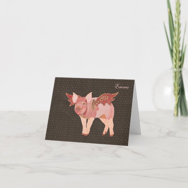Pink Pigs Fly Polkadot Personalised Notecard (Front)