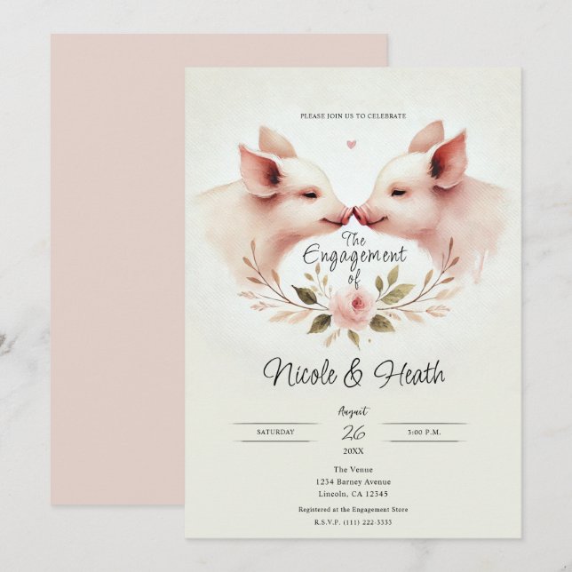 Pink Pigs Snout to Snout Floral Engagement Party Invitation (Front/Back)